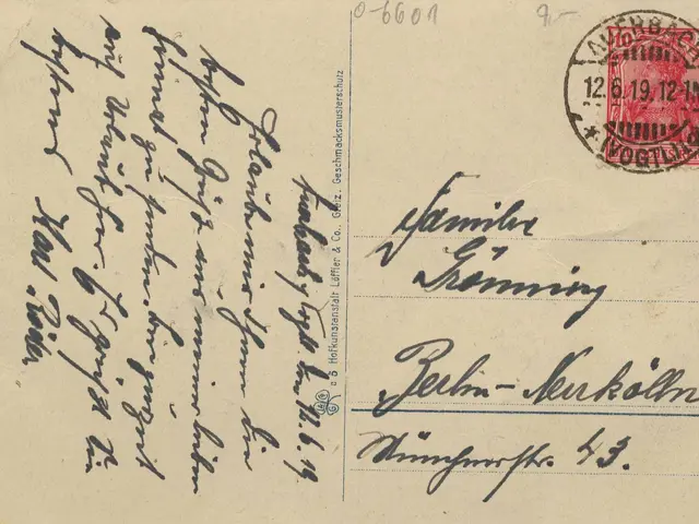 The image shows an old envelope with a red stamp on it, which is an old postcard from Germany with...
