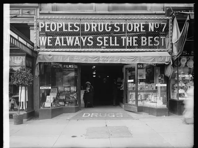 The image shows a black and white photo of a drugstore with a sign that reads "People's Drug Store...