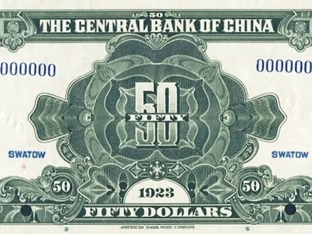 The image shows a 1923 50 dollar banknote from the Central Bank of China. It is a paper currency...