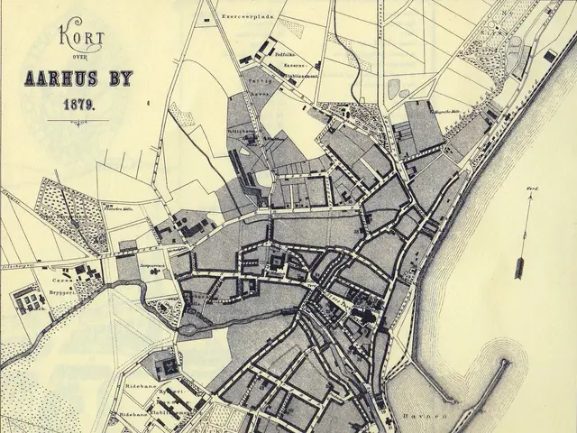 The image shows an old map of the city of Aarhus, Denmark from 1879. It is a detailed map with text...
