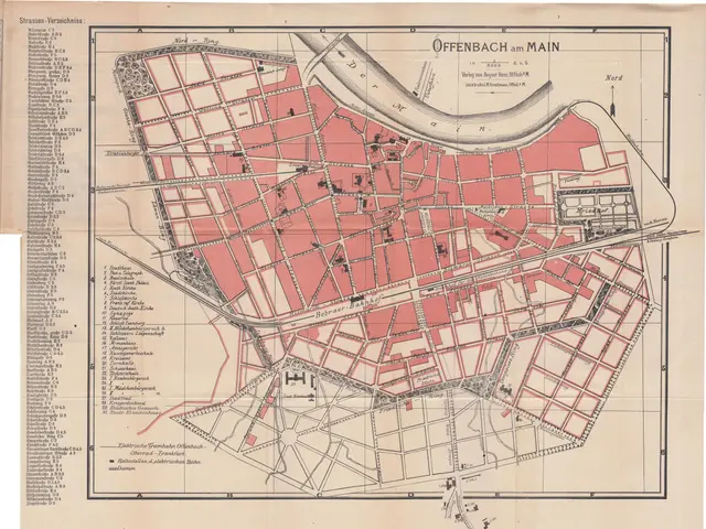 The image shows an old map of the city of Offenbach, Germany, with a white background. The map is...