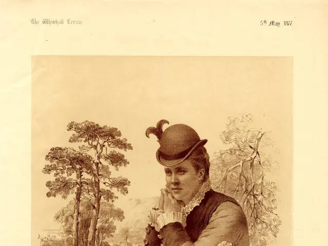 The image shows a woman sitting on a log in the woods, wearing a hat and surrounded by trees. At...