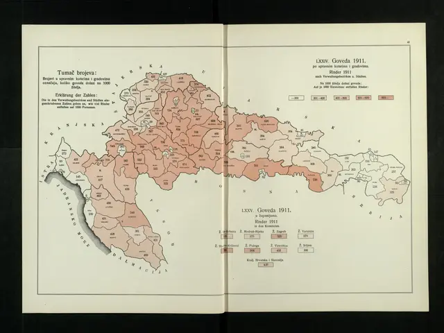 The image shows an open book with a map of Croatia on it. The map is filled with text and numbers,...