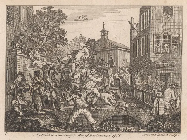 The image shows a black and white engraving of a group of people in a city, with buildings, trees,...