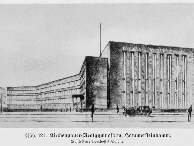 The image shows a black and white drawing of a building with a car parked in front of it,...