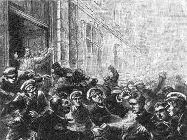 The image shows a black and white illustration of a group of men fighting in the street, with a...
