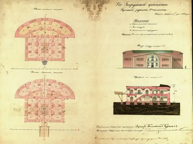 The image shows an old book with a drawing of a building on it. The building is a villa, with...