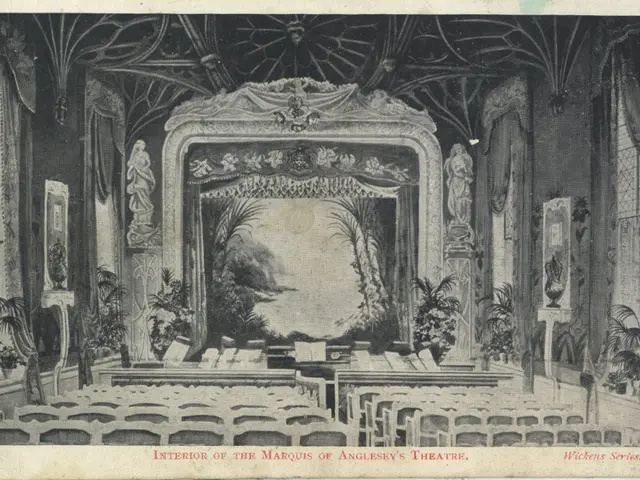 The image shows an interior of the Marquis of Anglesey's Theatre, with chairs, plants, sculptures,...
