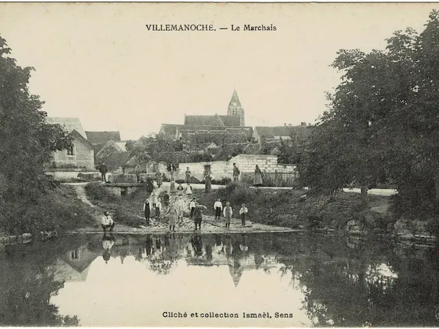 The image shows an old black and white photo of a river with people walking along it, surrounded by...