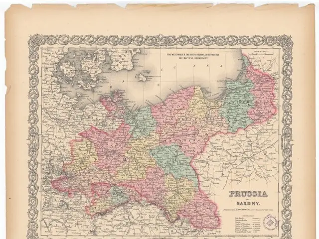 The image shows an old map of the provinces of Prussia and Saxony, with the borders of the two...