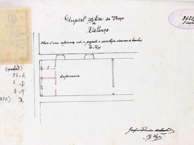 The image shows an old document with a drawing of a hospital in the center, surrounded by text and...