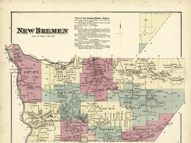 The image shows an old map of the city of New Bremen, Wisconsin, with text detailing the town's...