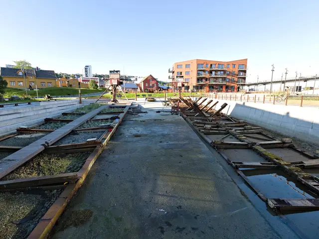 The image shows a road with wooden planks on the ground, a wall on the right side, trees and...