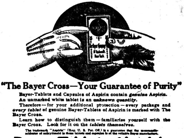 The image shows a poster with a black and white picture of a person's hand holding a Bayer tablets...