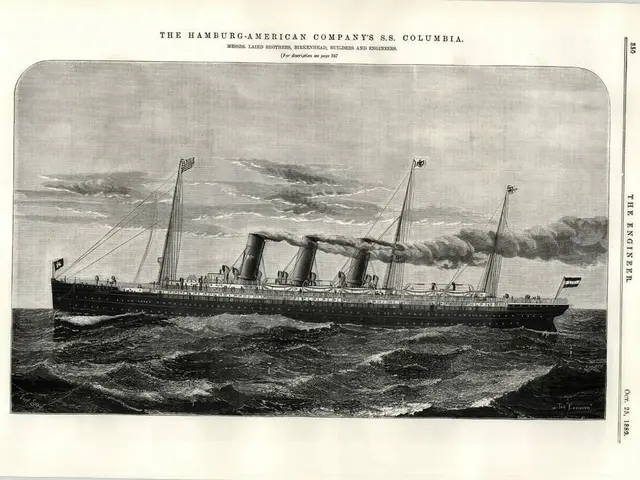 The image shows an old, original print of the Hamburg-American Company's S.S. Columbia, a passenger...