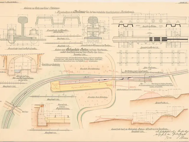 The image shows an old book with a drawing of a train track on it. The paper is filled with...