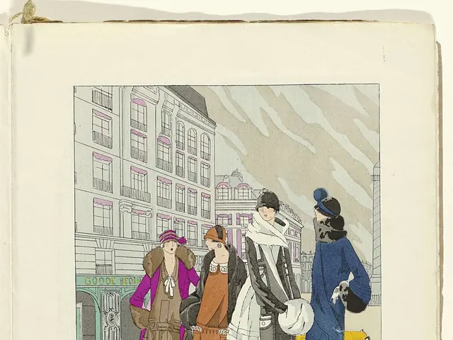 The image shows an open book with a drawing of a group of women walking down a street, surrounded...