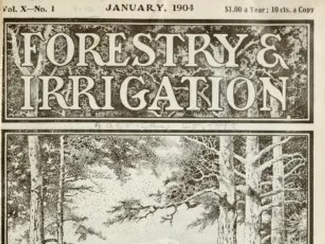 The image shows a paper with a picture of trees and text that reads "Forestry and Irrigation,...