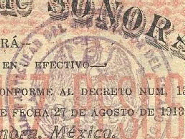 The image shows an old Mexican banknote with a stamp on it. The paper has text written on it,...