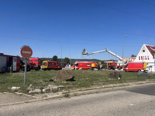 The image shows a group of fire trucks parked on the side of a road, surrounded by grass, stones, a...