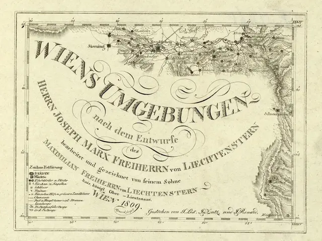 The image shows an old map of the city of Wien, Germany, with text written on it. The map is...