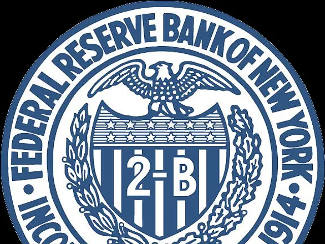 The image shows the logo of the Federal Reserve Bank of New York, which consists of a blue circle...