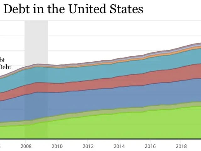 The image shows a graph depicting the debt in the United States, with different colors representing...