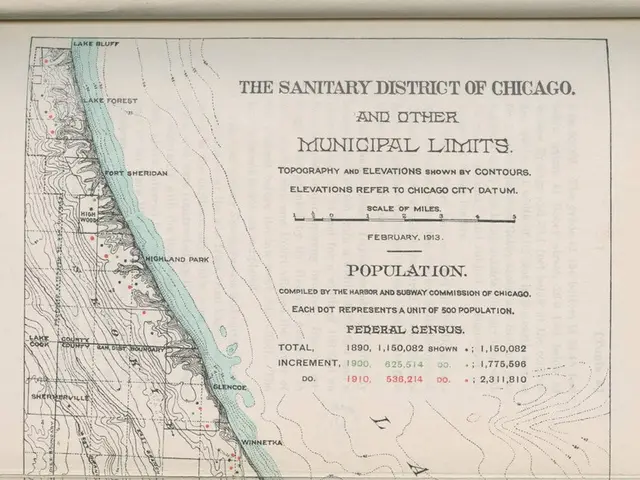 The image shows an old map of the Sanitary District of Chicago, with text detailing the municipal...
