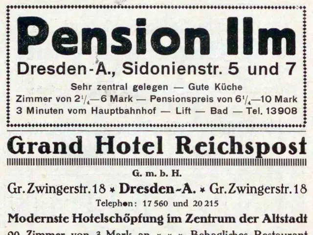The image shows an old newspaper advertisement for the pension inn in Dresden, Germany, with black...