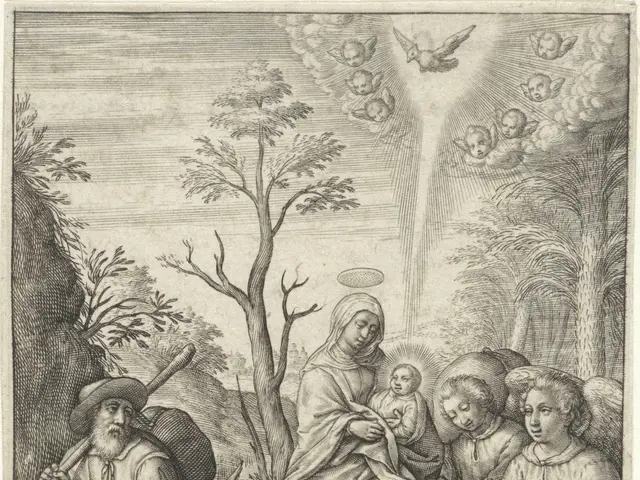 The image shows an engraving of the Virgin Mary and Child Jesus on a donkey, with a man standing on...