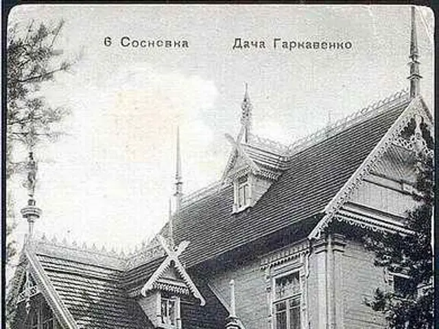 The image shows an old black and white photo of a house with a roof, windows, pillars, a fence,...