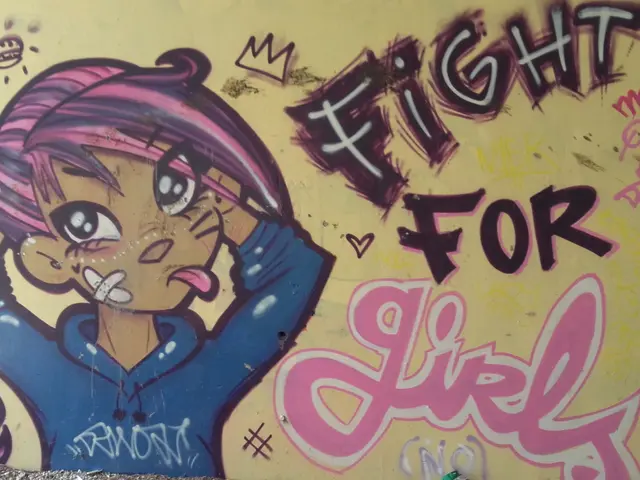 The image shows a wall with a painting of a girl on it and the words "Fight for Girl" written in...