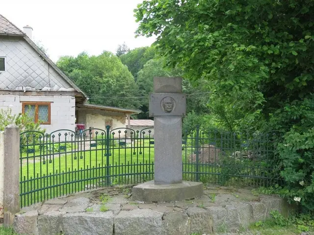 The image shows a stone monument in the middle of a grassy field surrounded by a metal fence, with...