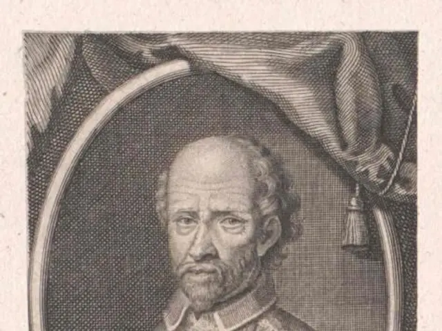 The image shows a black and white engraving of a man with a beard, identified as Johannes de Verger...