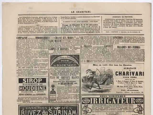 The image shows an old newspaper with a variety of advertisements on it, including text and...