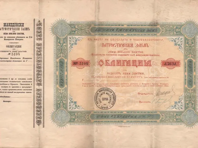 The image shows an old stock certificate issued by the Russian government, with text and a stamp on...