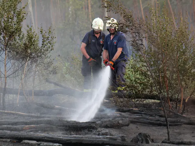 The image shows two firefighters wearing helmets and gloves, using a hose to put out a fire in the...