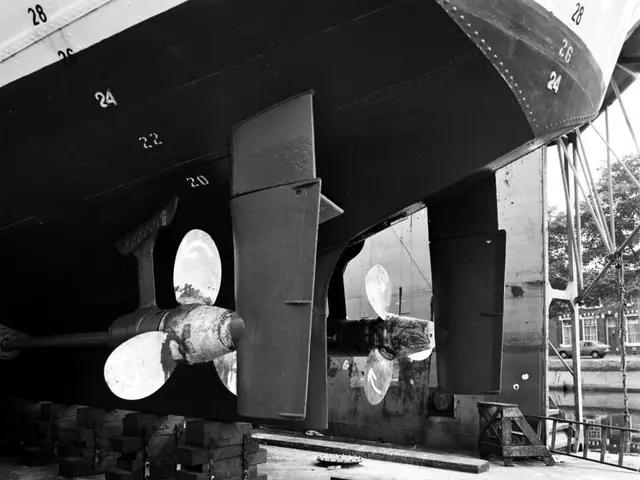 The image shows a black and white photo of a boat with a propeller on it, surrounded by a few...