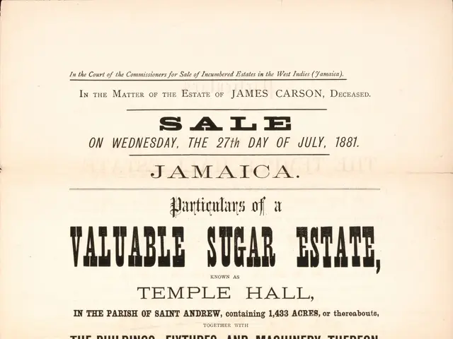 The image shows an old advertisement for a sale of a valuable sugar estate in Jamaica. The paper...