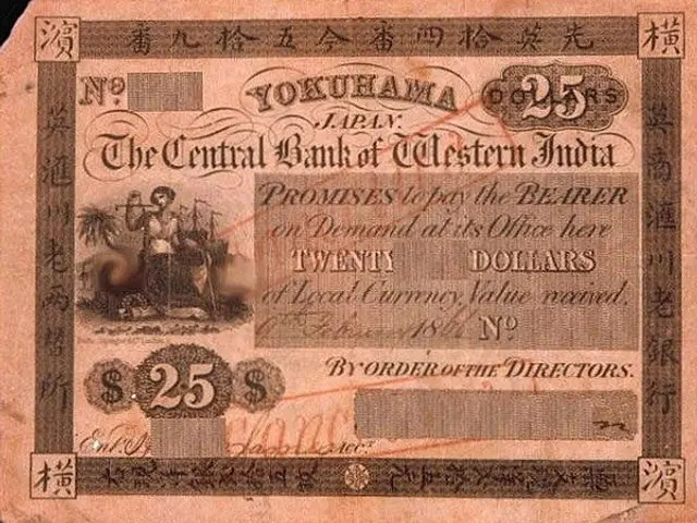 The image shows an old Japanese banknote from the Central Bank of Western India, with a black...