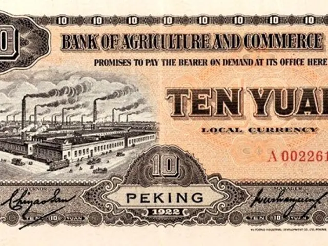 The image shows a ten yuan bank of agriculture and commerce note with a picture of a factory on it....