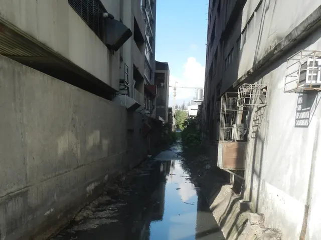 The image shows a small canal running through a city street, with buildings on either side. At the...