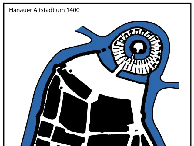 The image shows a poster of a map of the city of Hanau, Germany, with a blue and white color...