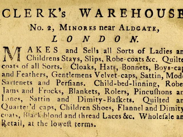 The image shows an old advertisement for Clerk's Warehouse, No. 2 Minores near Aldgate, London. The...