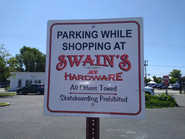The image shows a parking lot with a sign that reads "Parking While Shopping at Swain's Hardware"...