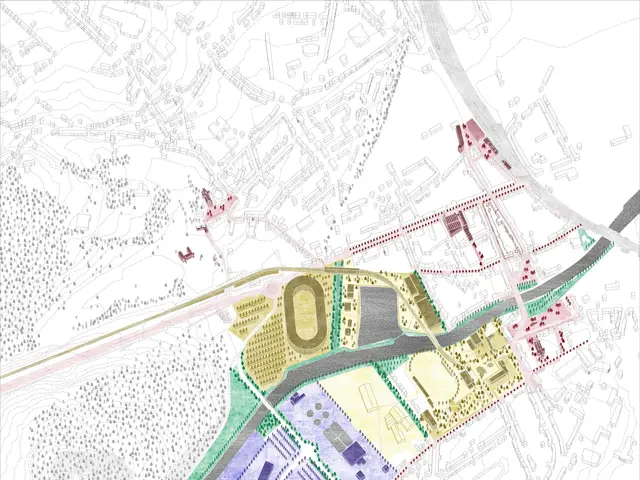 The image shows a map of a city with a lot of buildings, and at the top and bottom of the image...