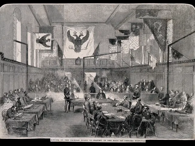 The image shows an old black and white drawing of a large room filled with people sitting on chairs...