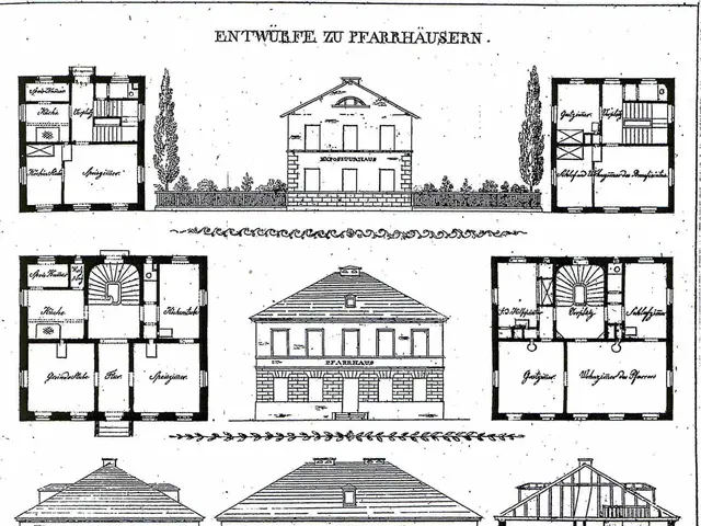 The image shows a black and white drawing of a house with a lot of windows, surrounded by trees....