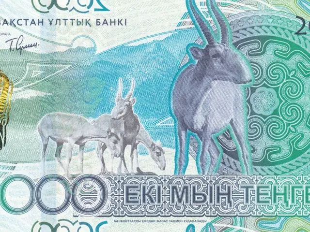 The image shows a 2000 Rubles banknote from Kazakhstan with a picture of an antelope on it.