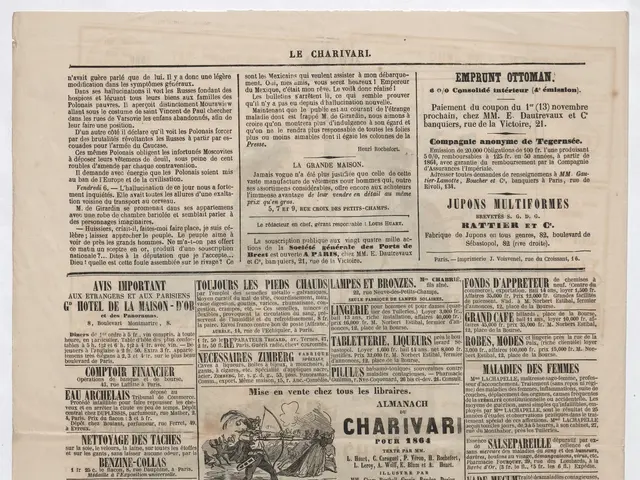 The image shows an old newspaper with a variety of advertisements on it, including text and...
